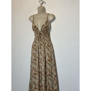 Maxi Dress Beige Rust Floral Halter Size S Boho Coquette Resort Wear Travel